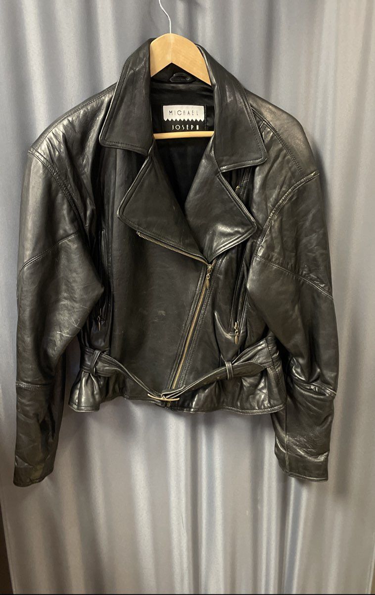 Michael Joseph Men's Black Leather Motorcycle Jacket Belted Vintage 90s Sz L