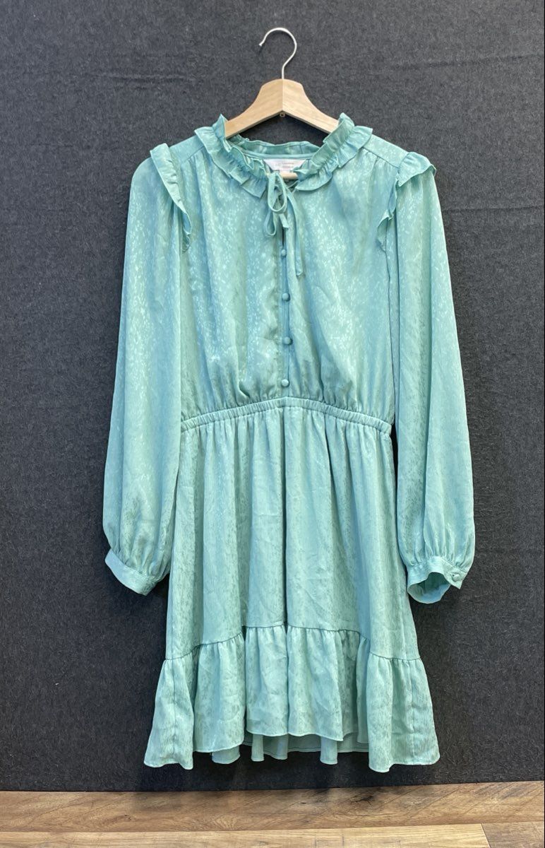 LC Lauren Conrad Women's Turquoise Ruffled V-Neck Tie Front Jacquard Dress Sz M