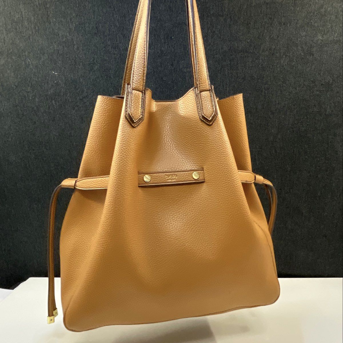 Tutilo New York Tan Pebbled Cinch Tote Bag Gold Hardware Large Handbag