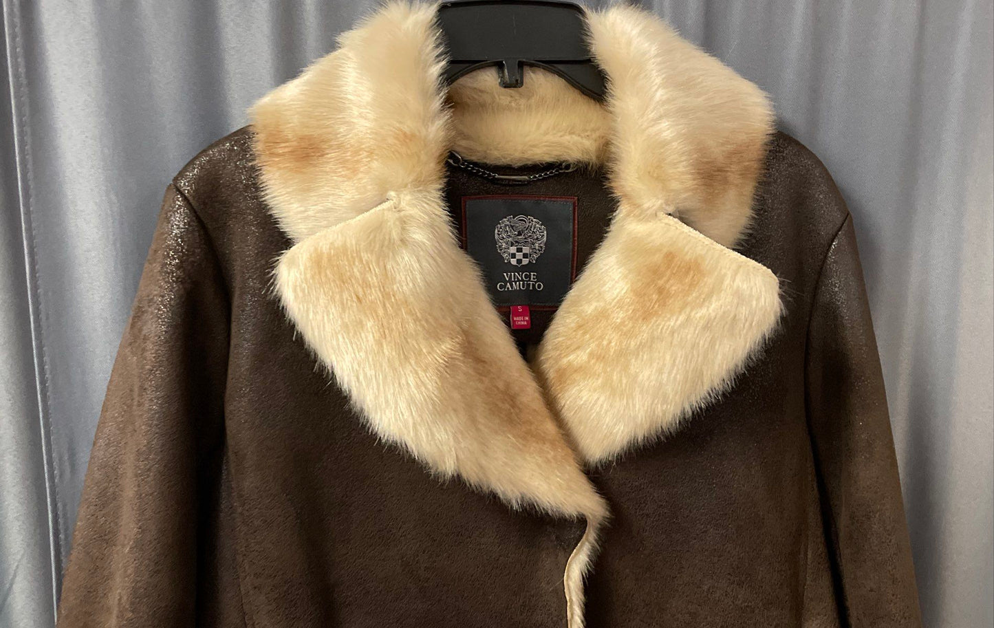 Vince Camuto Women's Brown Faux Suede Fur Trim Shearling Style Jacket Sz S