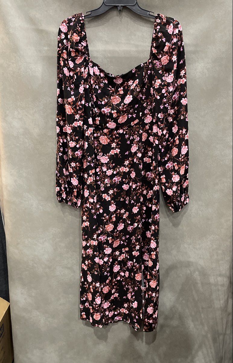 Mi Ami Francesca's Women's Black Pink Floral Tabithyn Midi Dress Long Sleeve M