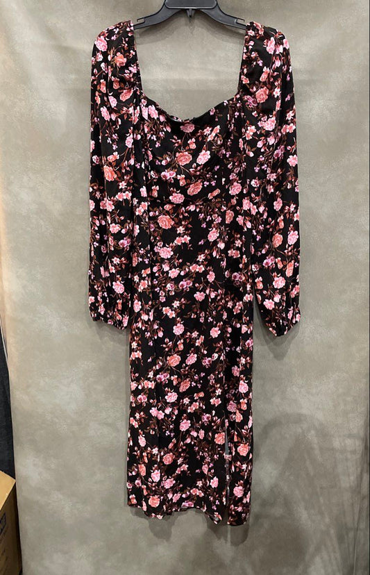 Mi Ami Francesca's Women's Black Pink Floral Tabithyn Midi Dress Long Sleeve M