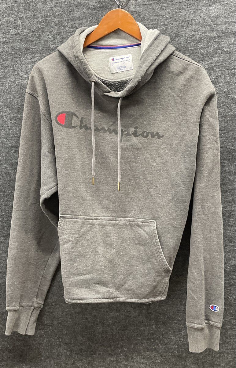 Champion Men's Grey Long Sleeve Script Logo Raw Hem Cropped Hoodie Size M