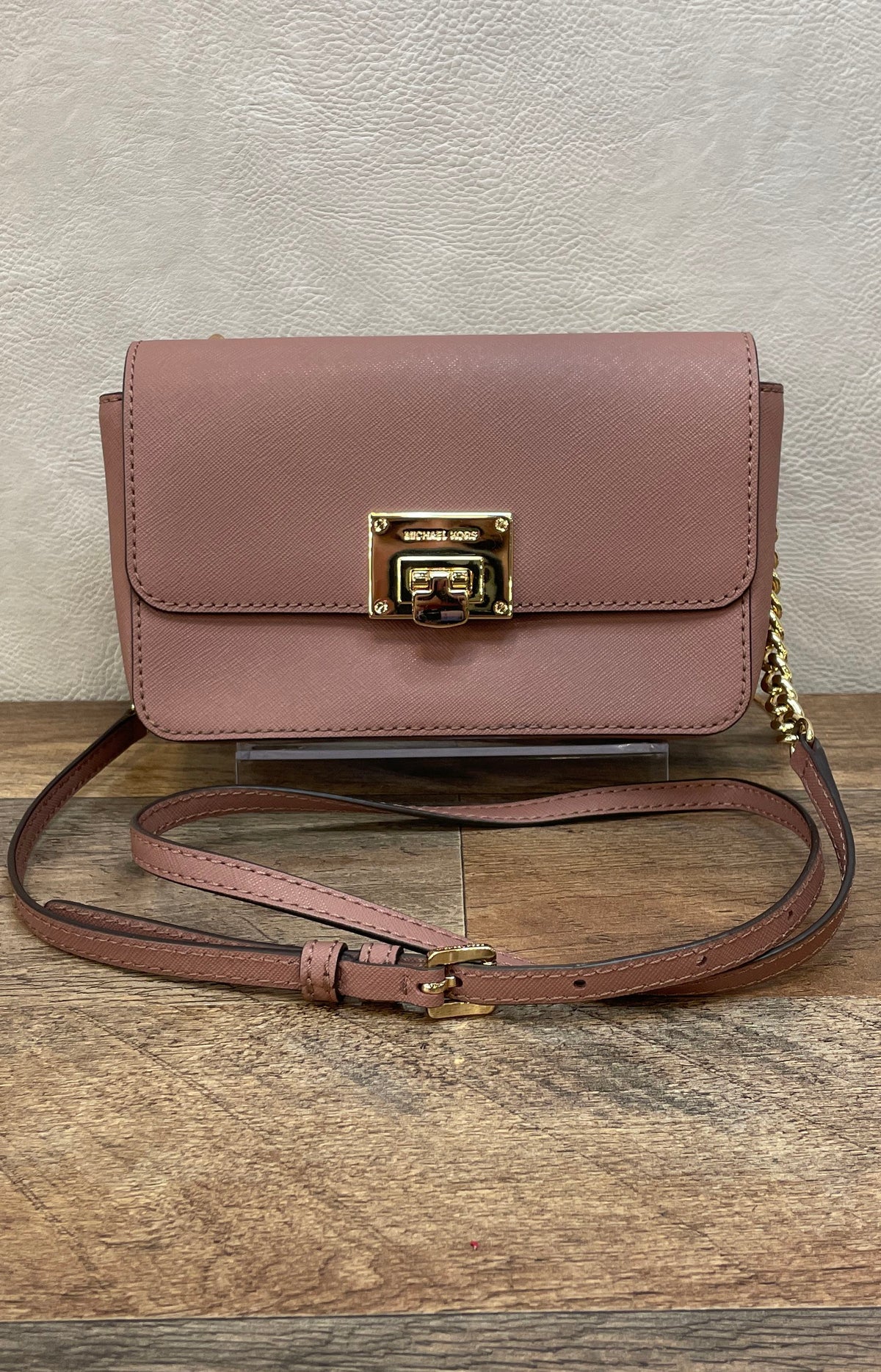 Michael Kors Pink Saffiano Leather Double Pouch Turn-Lock Crossbody Bag Gold