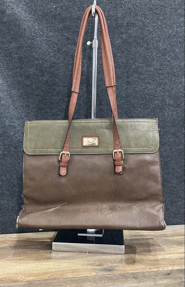 Simply Noelle Brown Olive Green Leather Tote Bag Large Gold Hardware