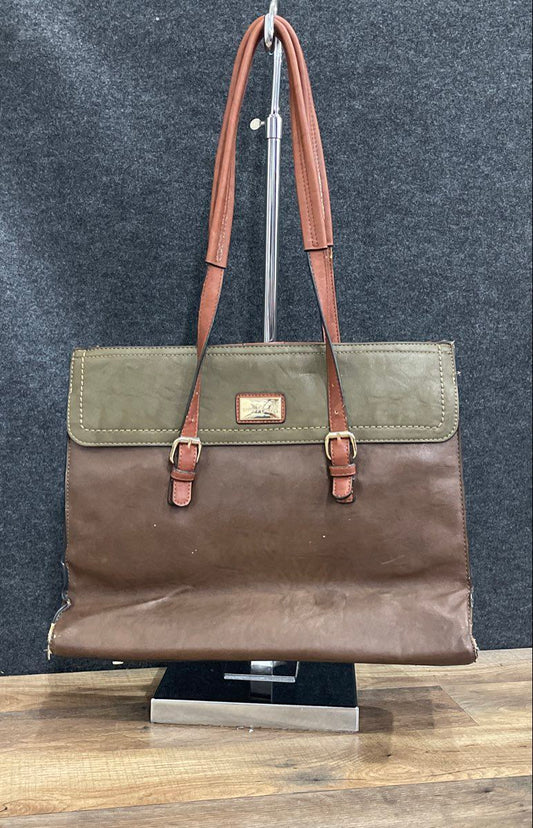 Simply Noelle Brown Olive Green Leather Tote Bag Large Gold Hardware