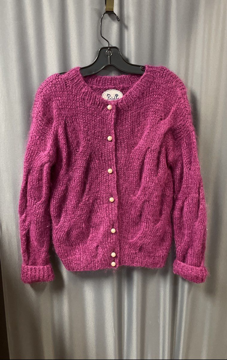 Pridia Women's Fuschia Mohair Wool Cable Knit Pearl Button Cardigan Size M