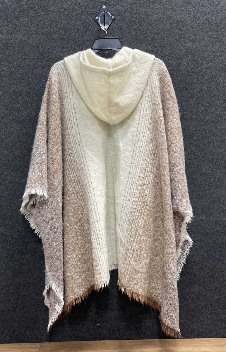 World Market Women's Hooded Cape Poncho Tan Cream Marled Fringe Pockets OS