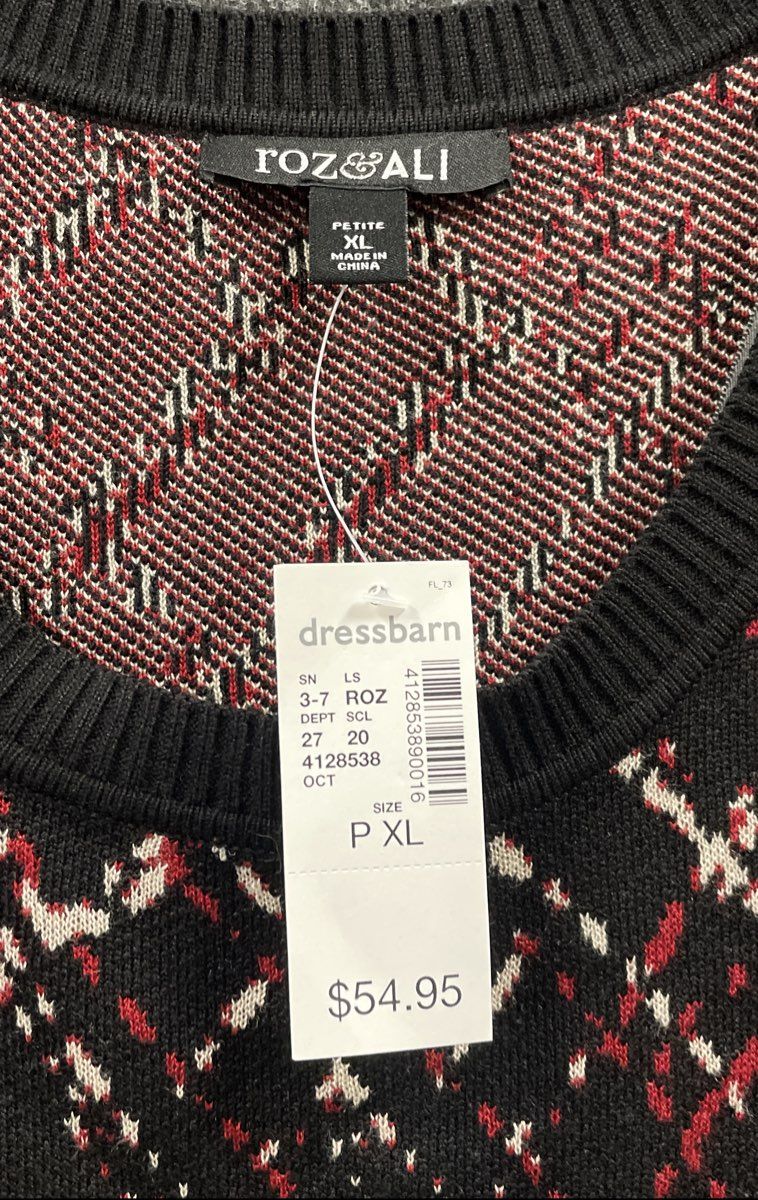 Roz & Ali Women's Black Red Knit Fit & Flare Short Sleeve Dress NWT Petite XL