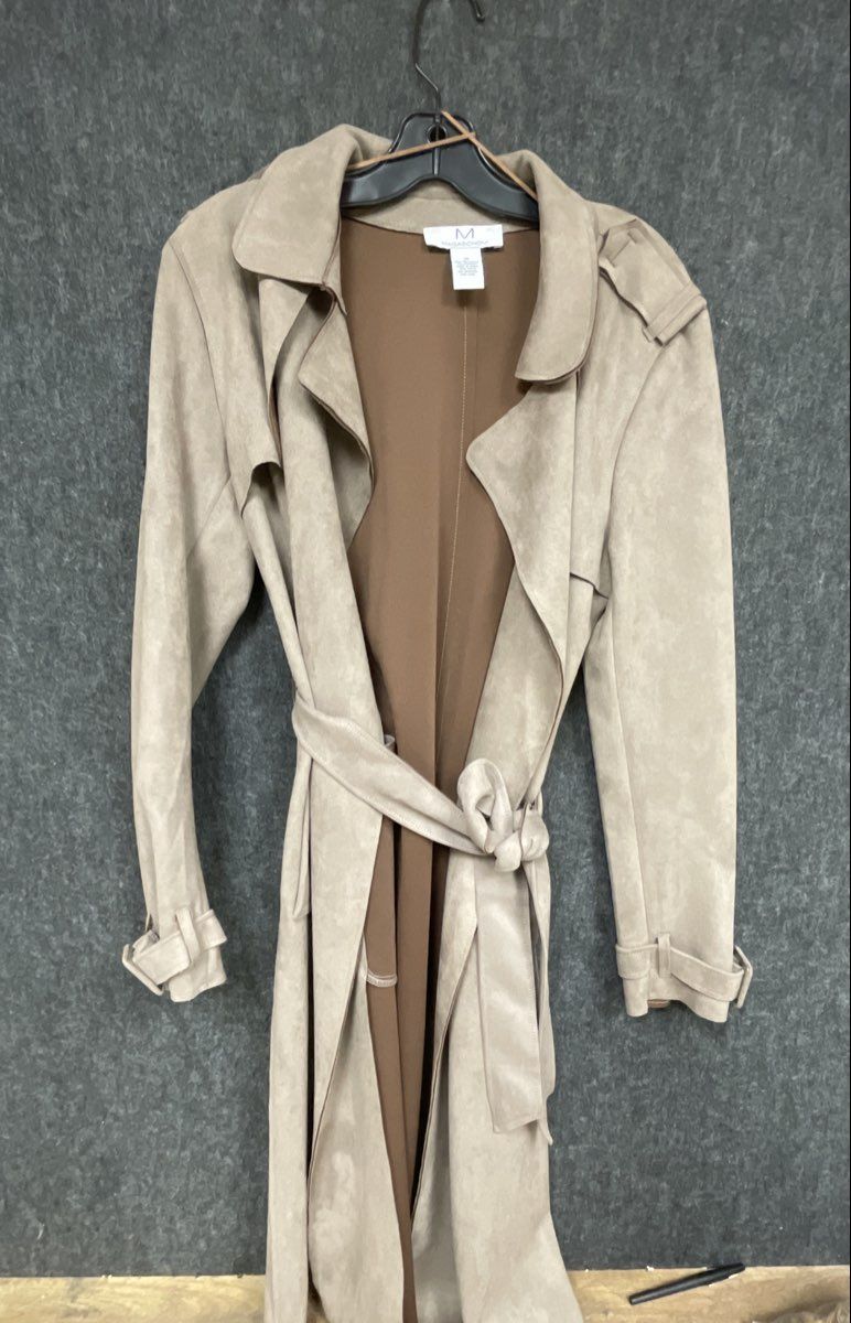 Magaschoni Women's Taupe Faux Suede Belted Wrap Trench Coat Sz M