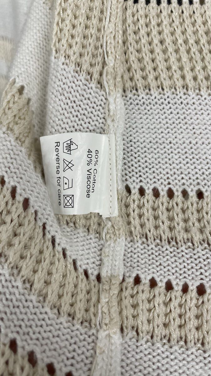 Belldini Women's Cream Beige Striped Open Knit Roll Tab Sleeve Cardigan M