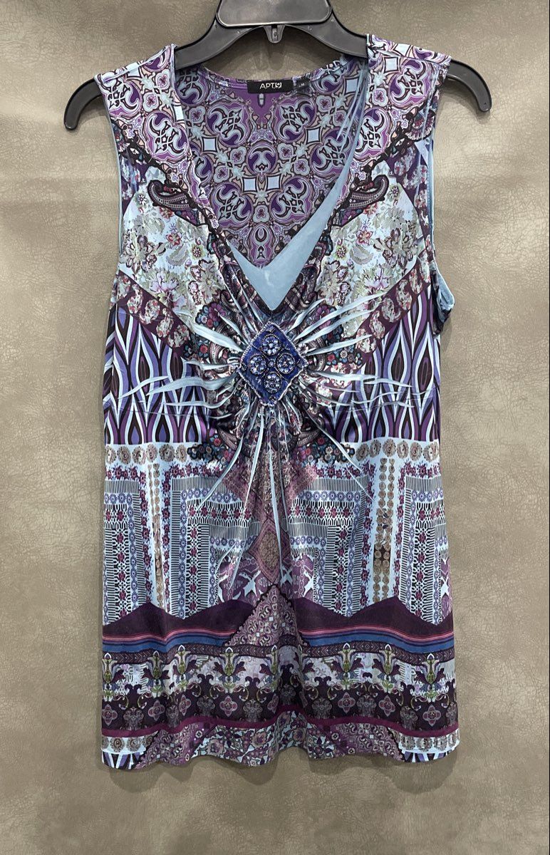 Apt 9 Women's Sleeveless Shirt Blouse Blue Purple Paisley Medallion Beaded Sz M