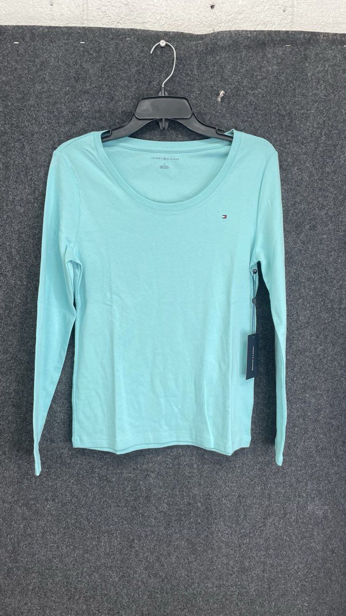 Tommy Hilfiger Women's Long Sleeve Tee Aqua Mint Green Cotton Logo Sz M NWT