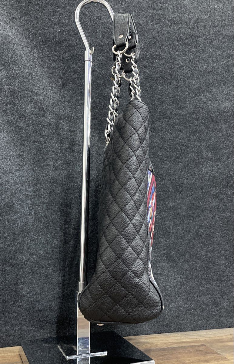 Unbranded Black Leather Quilted Tote Bag Art Deco Graphic Print Silver Hardware