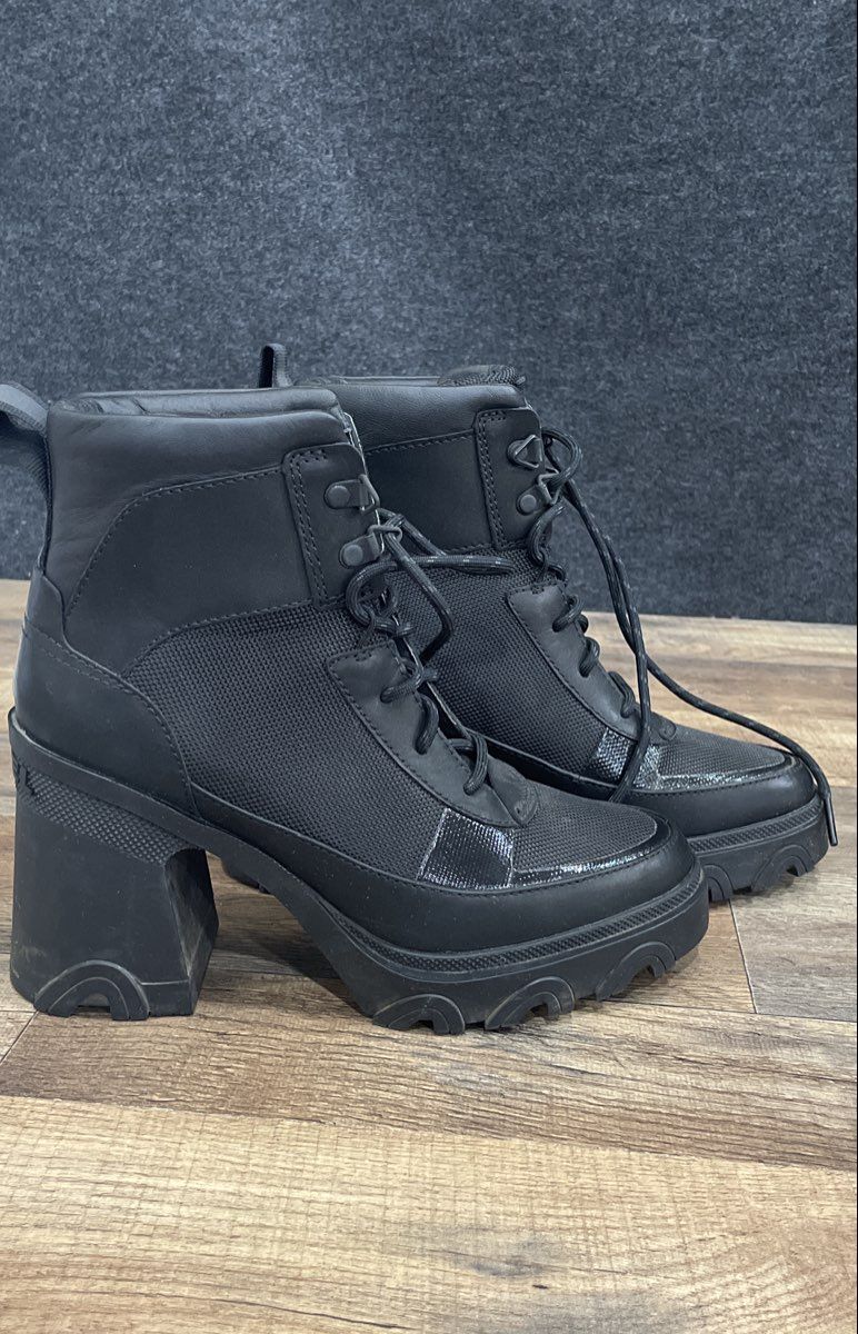 Sorel Brex Boot Lace Black Leather Heeled Platform Boots Women's Size 6.5