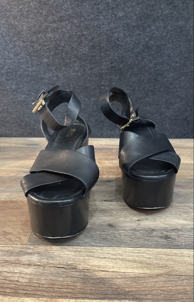 Michael Kors Black Leather Strappy Platform Wedge Sandals Women's Size 7.5
