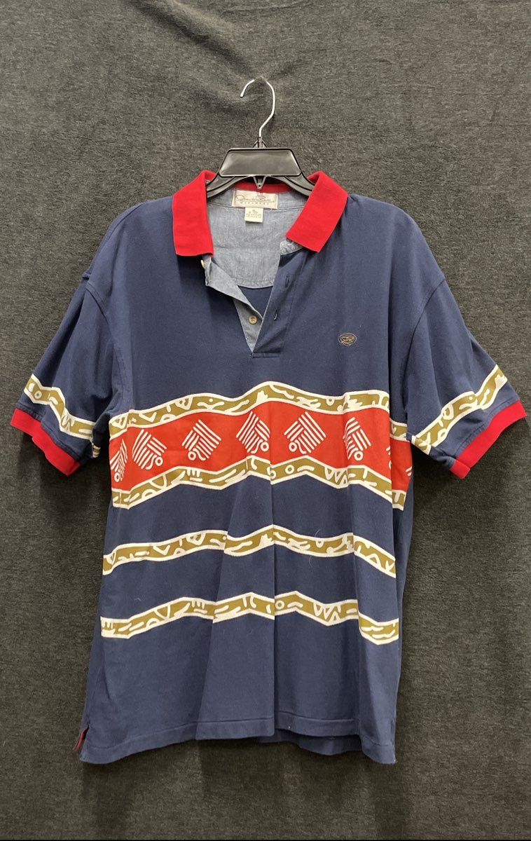Vintage 90s Oscar de la Renta Men's Navy Abstract Geometric Polo Shirt Sz XL