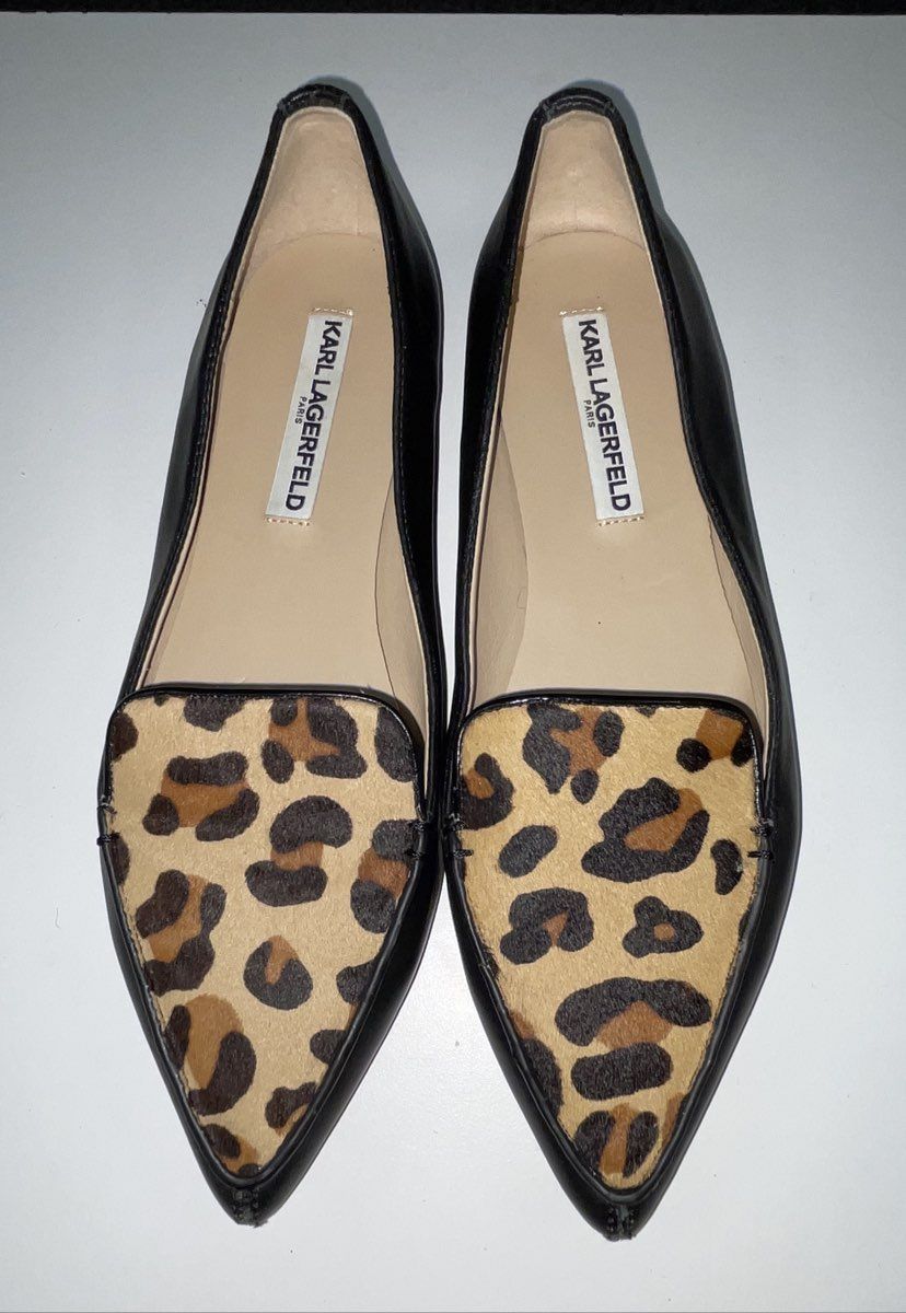Karl Lagerfeld Paris Leopard Print Calf Hair Pointed Toe Leather Flats Size 8