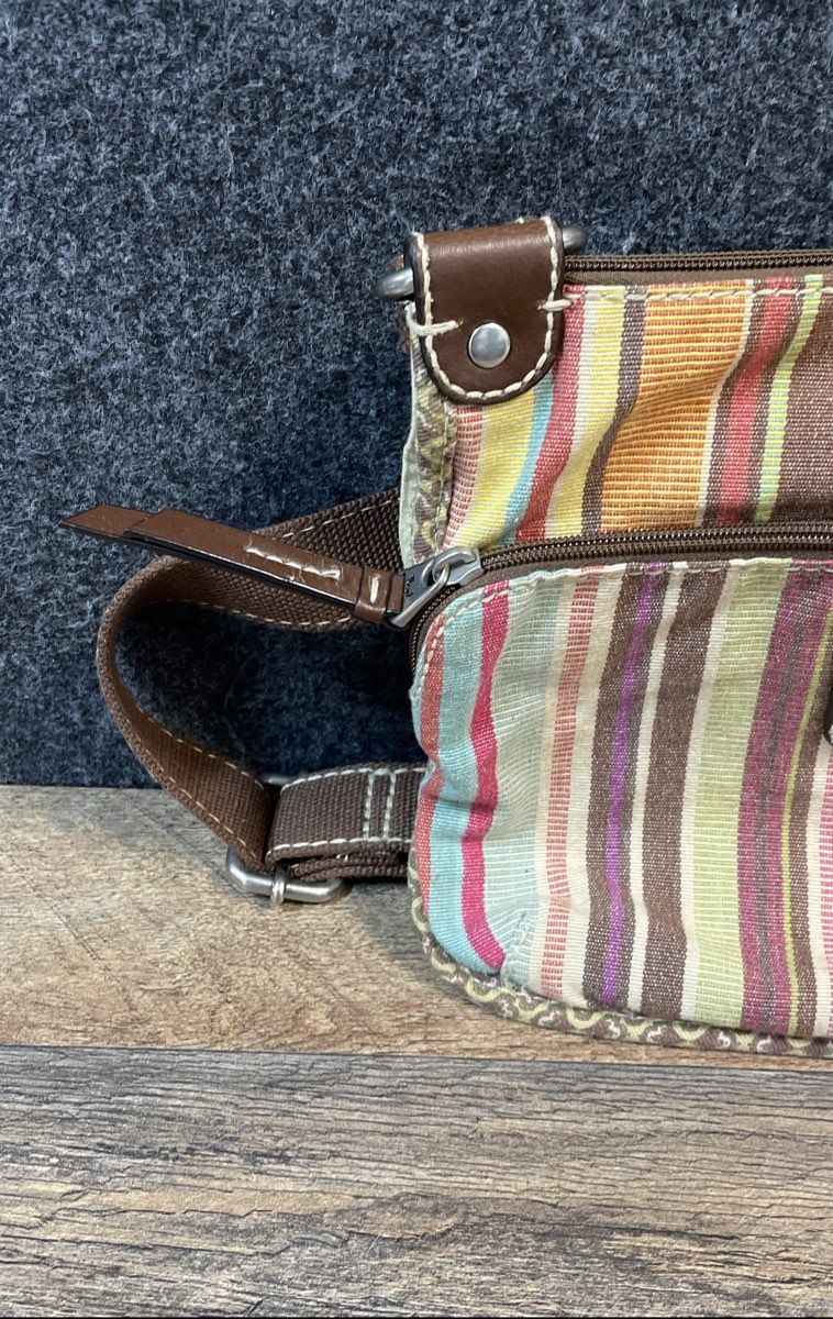 Fossil Multicolor Striped Canvas Crossbody Bag Brown Trim Medium