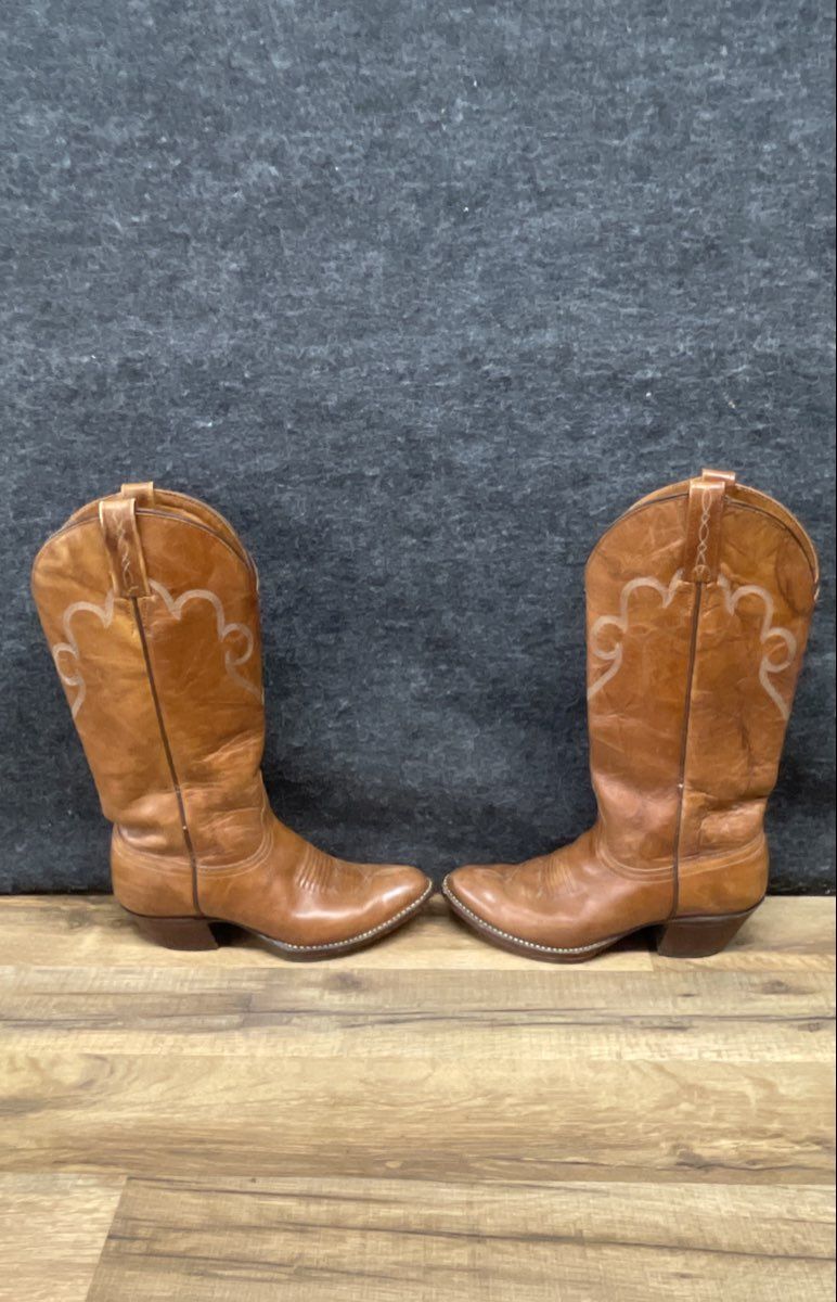 Vintage 90s J. Chisholm Tan Leather Western Cowboy Boots Women's Size 6 M