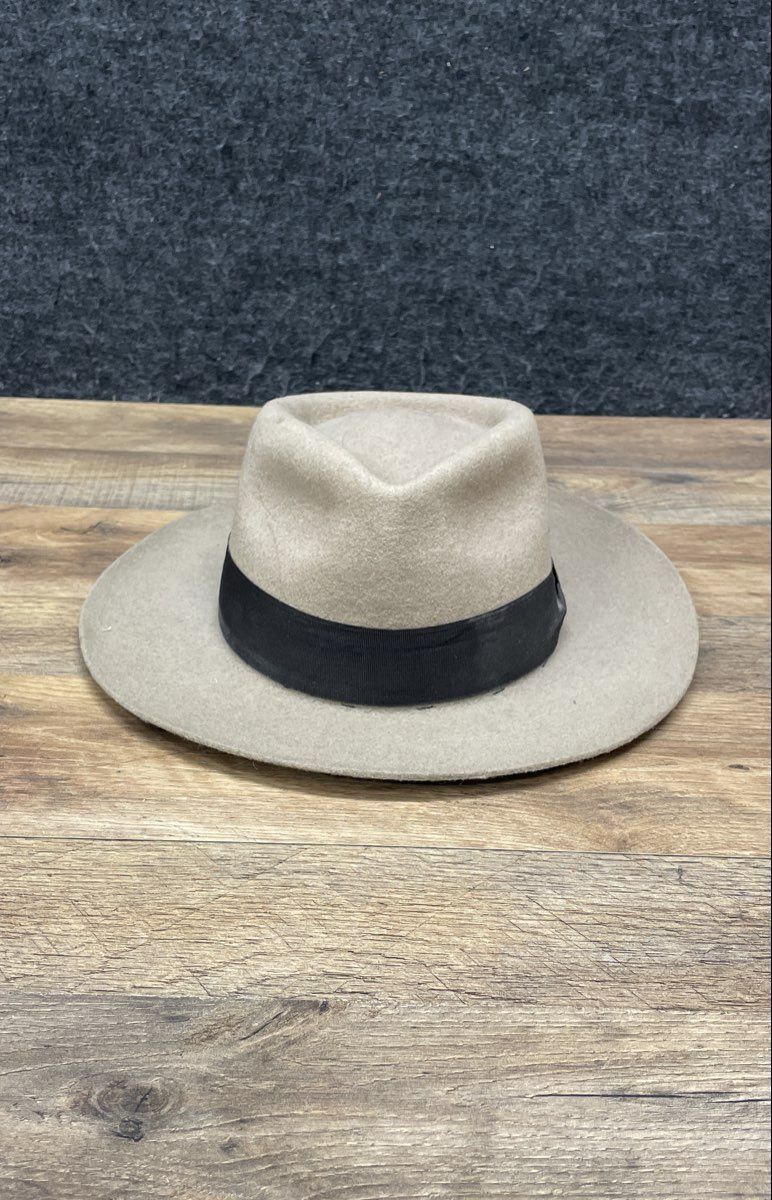 Unisex Fedora Hat Beige Tan Wide Brim Felt Black Grosgrain Ribbon Band