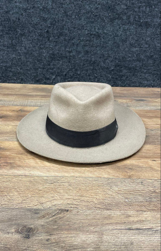 Unisex Fedora Hat Beige Tan Wide Brim Felt Black Grosgrain Ribbon Band