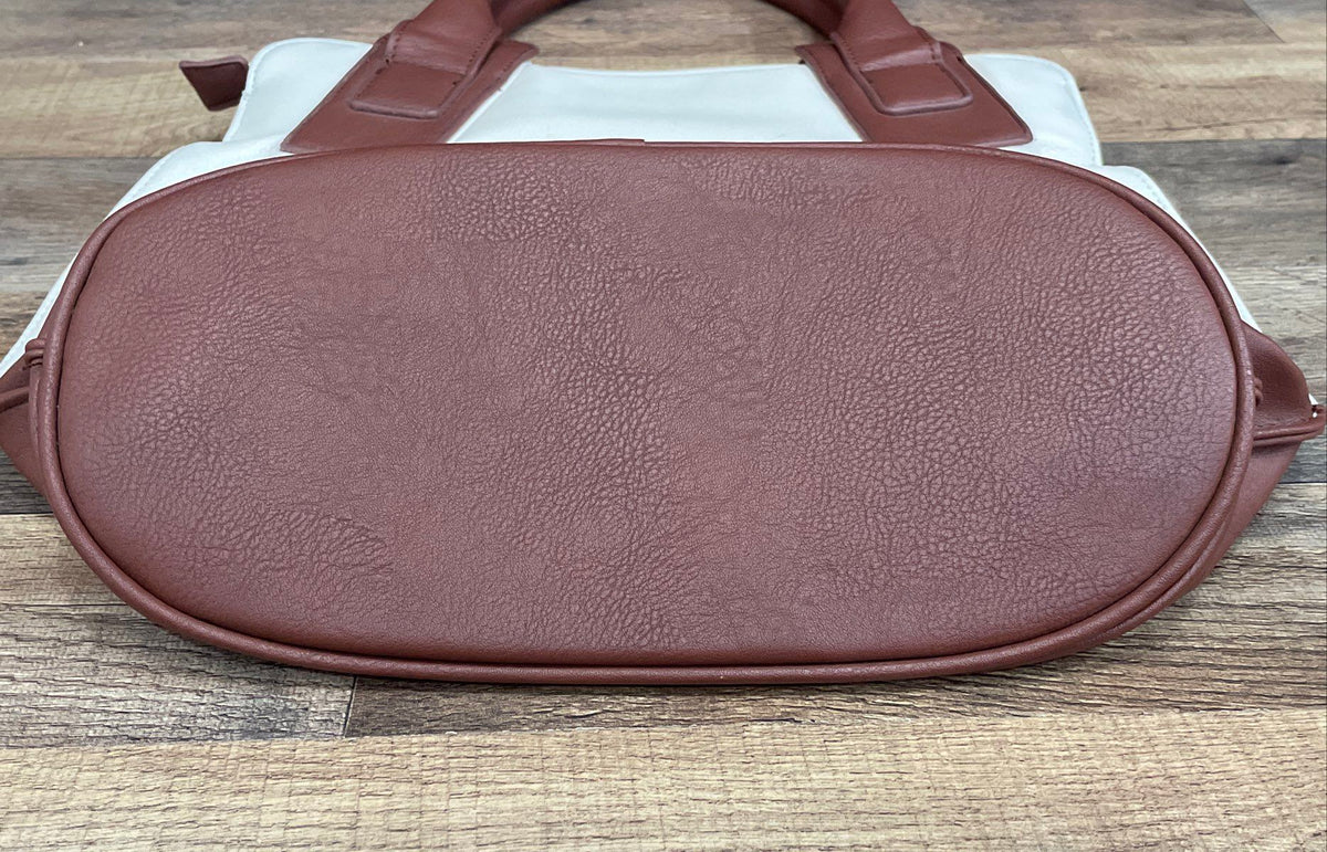White Brown Leather Two-Tone Tote Shoulder Bag Gold Buckle Detail