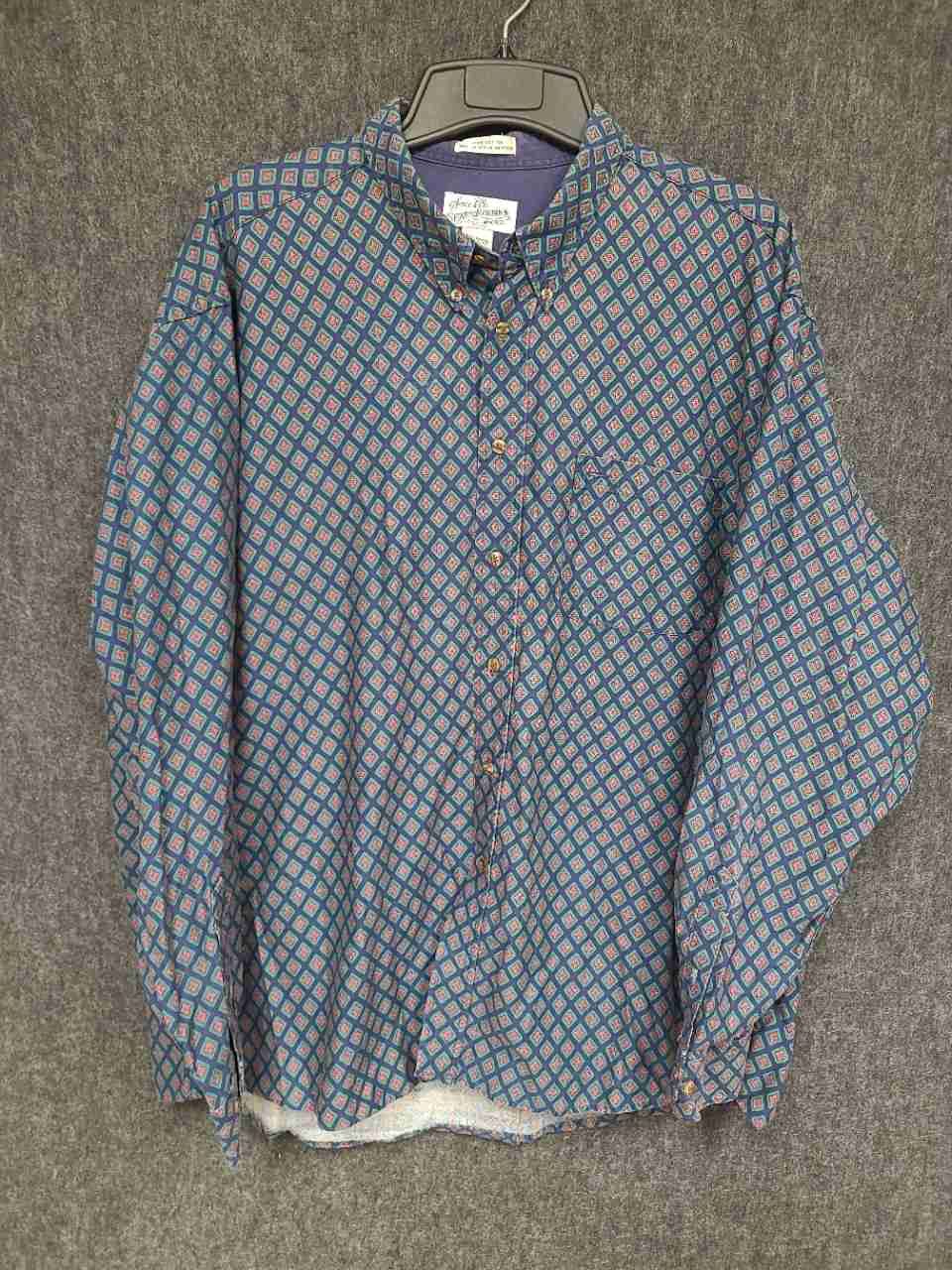 Vintage 90s Sears Roebuck Men's Blue Geometric Diamond Print Cotton Shirt 2XL