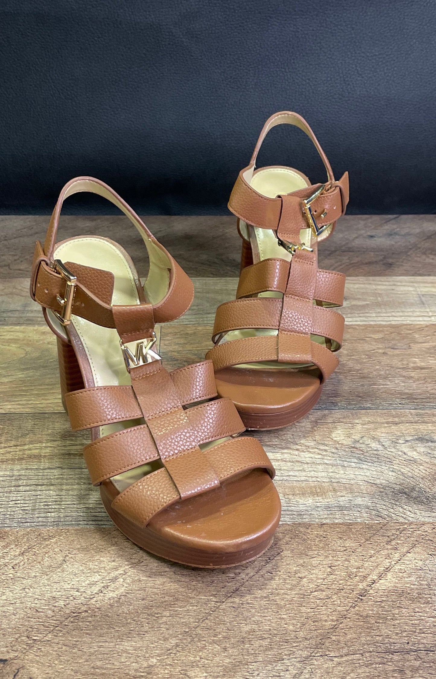 Michael Kors Reed Luggage Brown Platform Block Heel Sandals Women's Size 5M