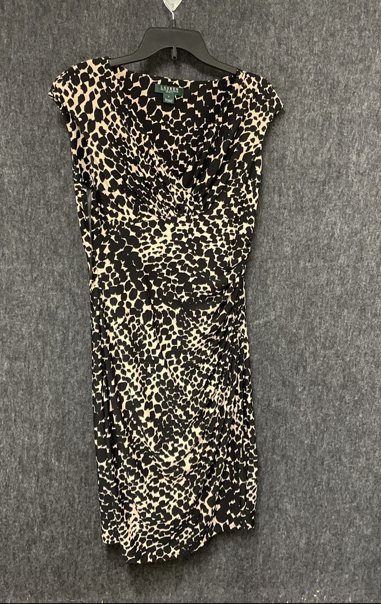 Lauren Ralph Lauren Womens Black Cream Animal Print Ruched Sleeveless Dress Sz 8