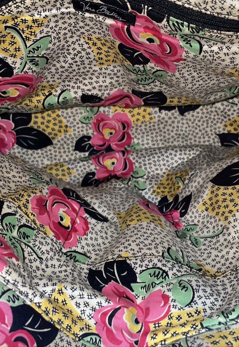 Vera Bradley Black Quilted Cotton Tote Bag Floral Interior Silver Hardware