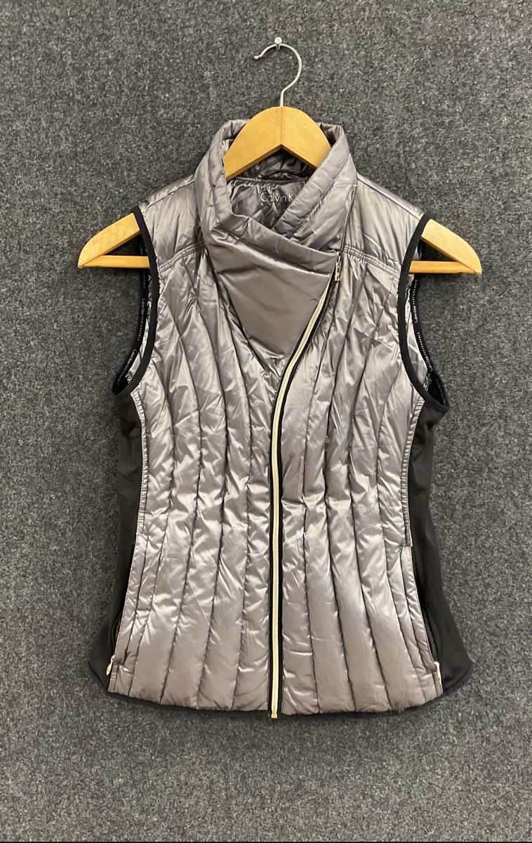 Calvin Klein Performance Women's Silver Metallic Down Puffer Vest Moto Zip Sz M