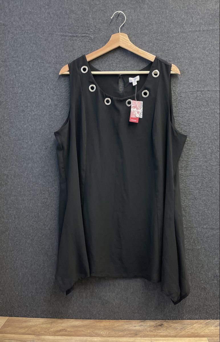 Avenue Women's Black Grommet Neck Sleeveless Sharkbite Tunic Top NWT Sz 14/16