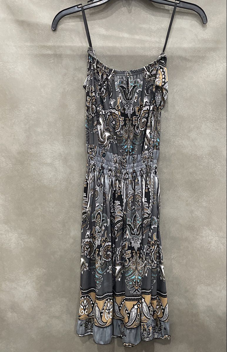 Prestige Women's Grey Paisley Geometric Smocked Waist Ruffle Dress Sz S