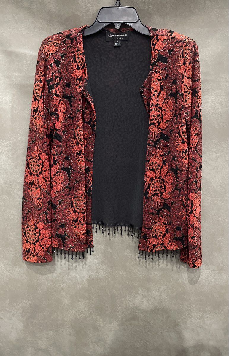 Vintage Y2K Connected Apparel Women's Red Black Damask Beaded Open Cardigan Sz S