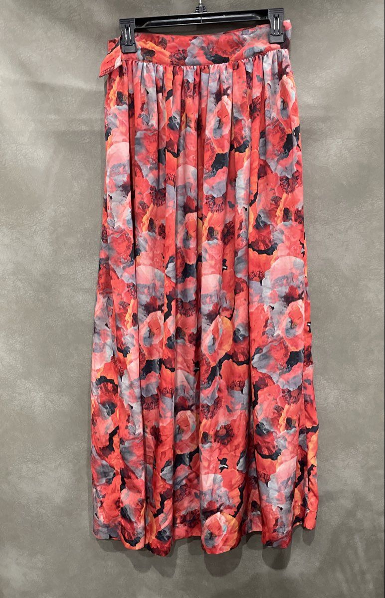 Covered Bliss Women's Pink Red Floral Poppy Print Maxi Long Skirt Sz S