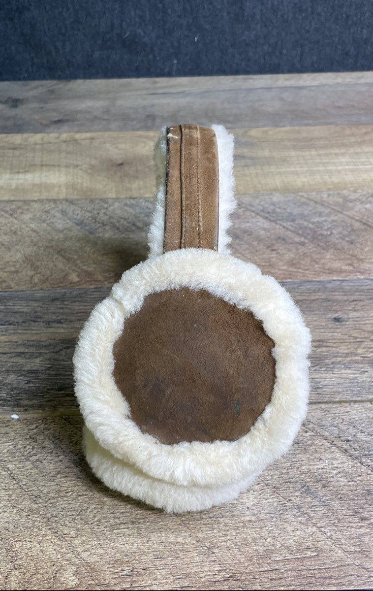 UGG Women's Brown Sheepskin Shearling Earmuffs Cream Fleece Gold Tone Logo
