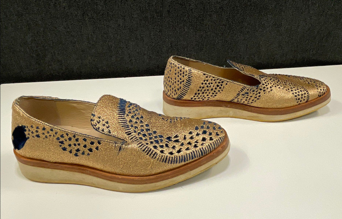 Free People At Once Gold Navy Embroidered Platform Loafer Women's