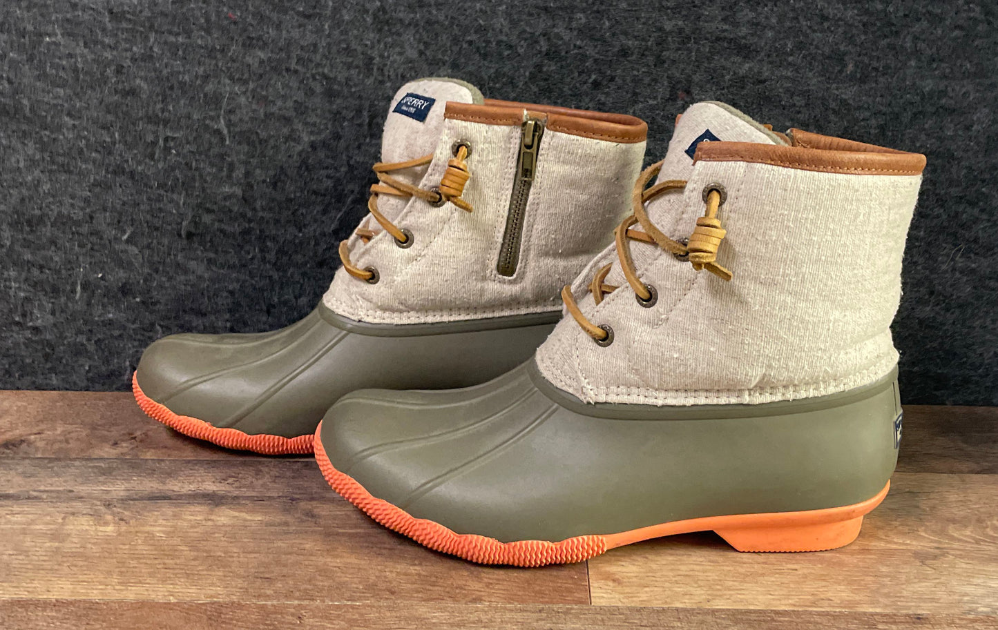 Sperry Saltwater Olive Canvas Orange Waterproof Duck Boots Women's Size 9