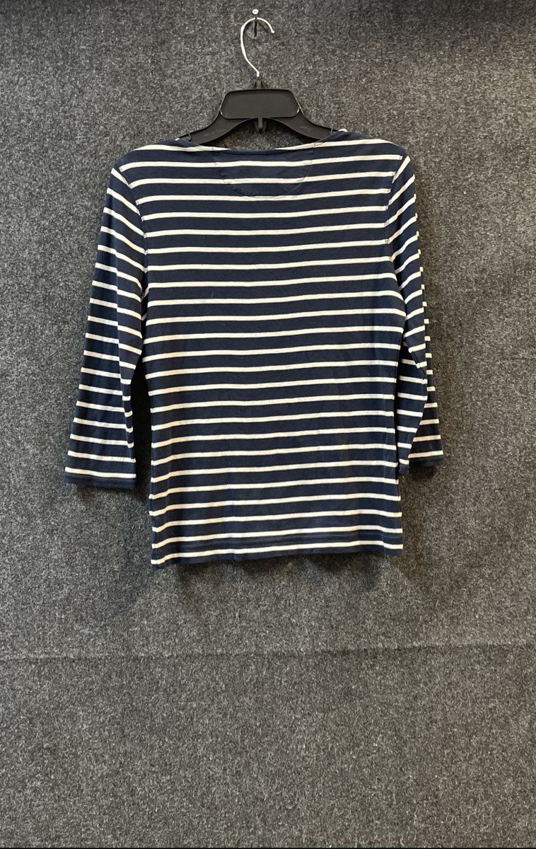 Lauren Ralph Lauren Women's Navy Blue White Striped 3/4 Sleeve Henley Shirt Sz M