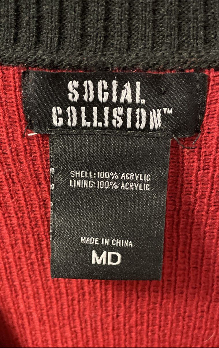 Social Collision Men's Black Red Rib Cage Cardigan Sweater Sz MD