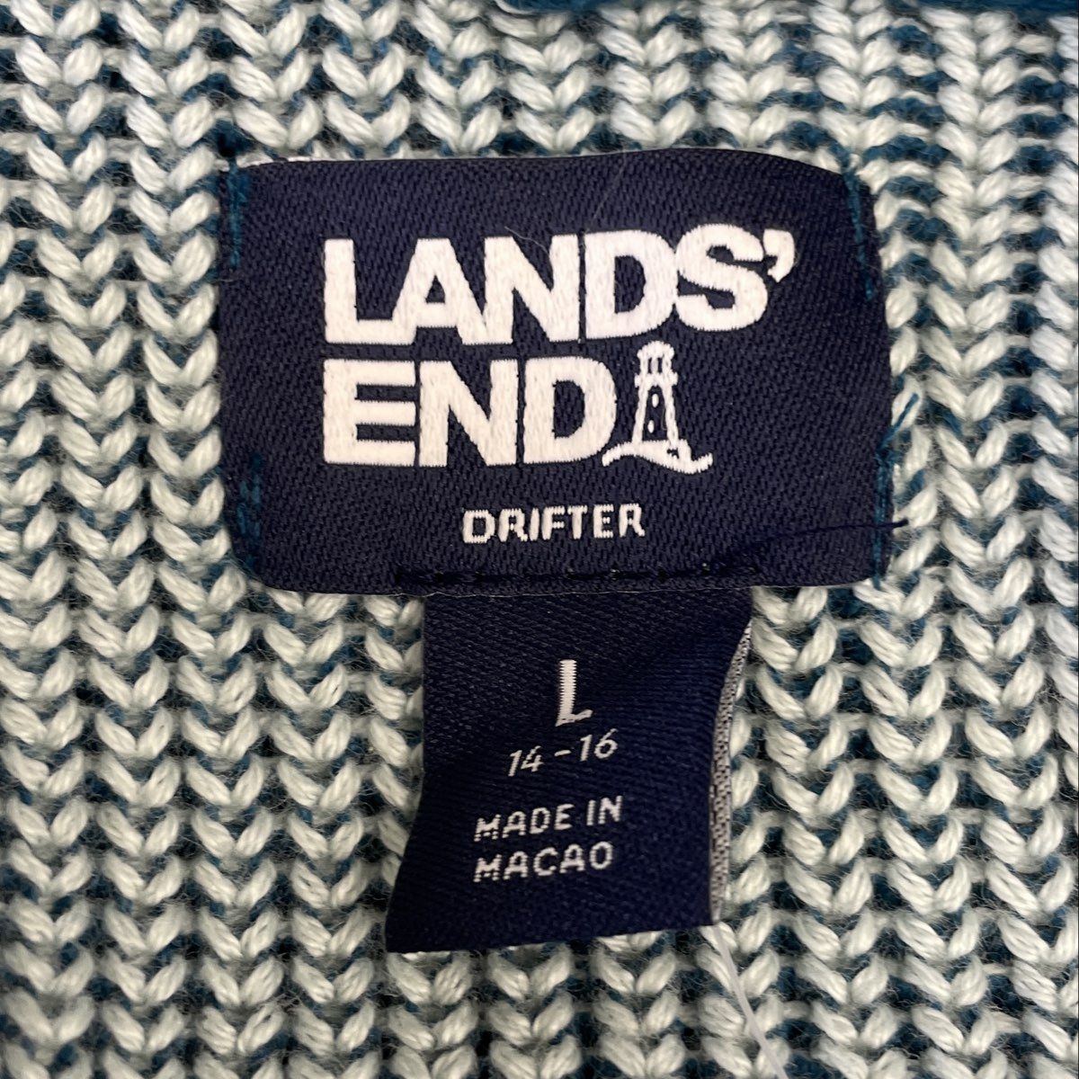 Lands' End Women's Drifter Cardigan Blue White Cotton Open Front Sz L NWT