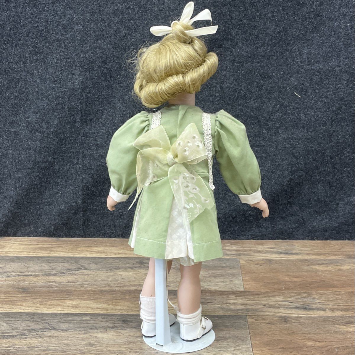 Vintage Porcelain Doll 16" Blonde Hair Brown Eyes Green Dress Lace Trim