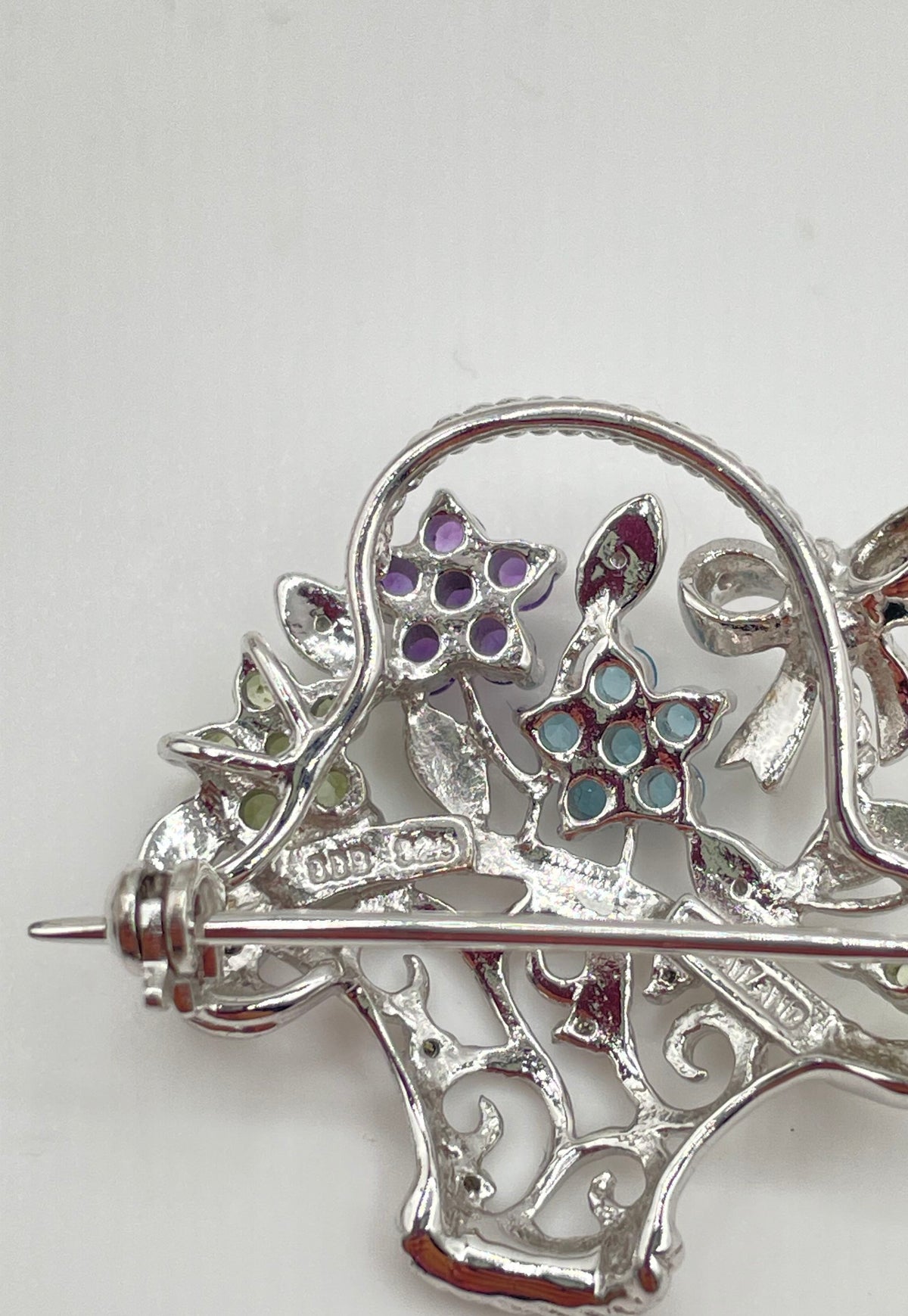 925 Sterling Multicolor Stone Flower Basket Brooch Pin Mixed Metal Back 5.3g