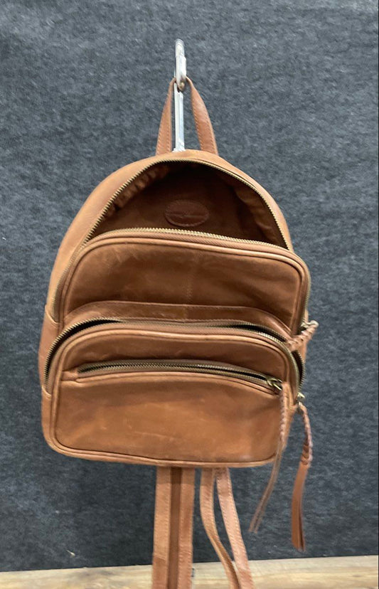 Tommy Bahama Tan Brown Leather Convertible Mini Backpack Sling Bag