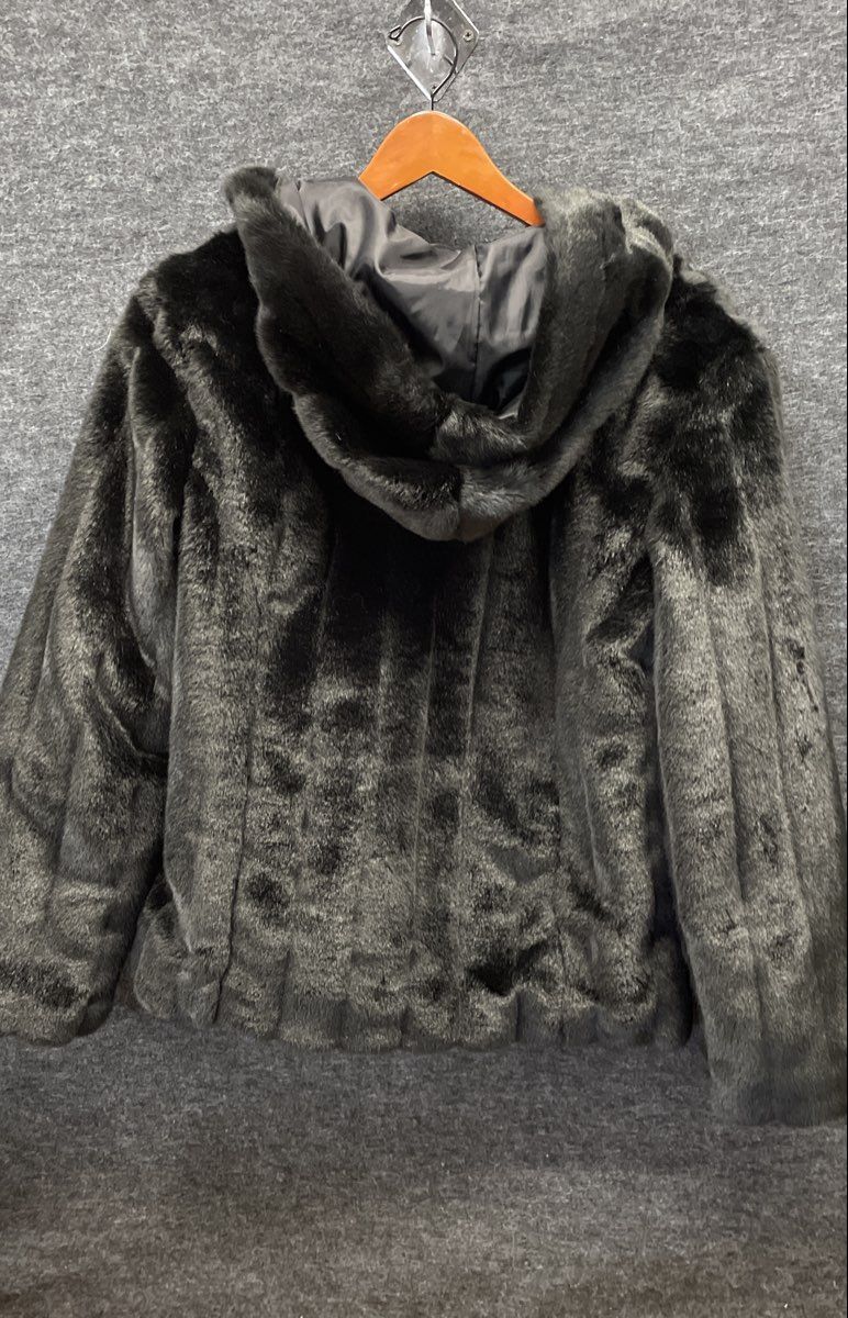 Charles Klein Women's Black Faux Fur Hooded Full Zip Jacket Coat Vintage Sz L