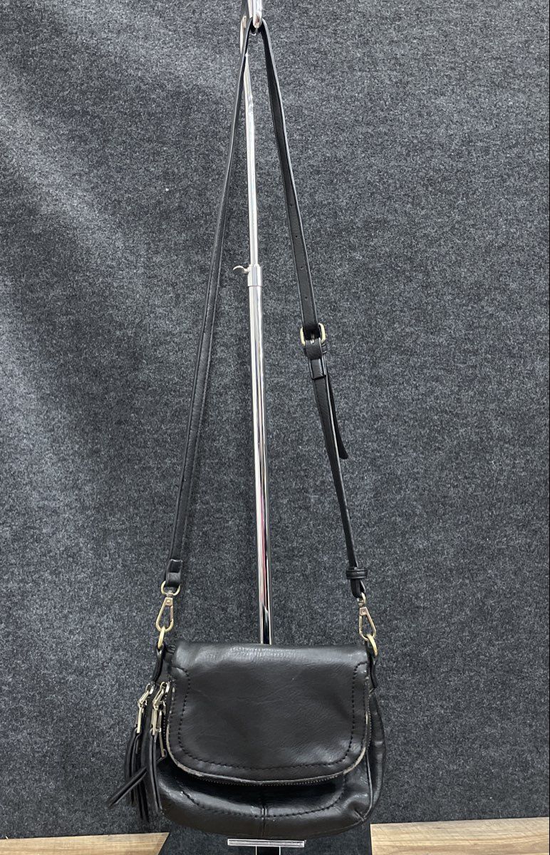 Antik Kraft Black Leather Tassel Foldover Crossbody Bag Mini Gold Hardware