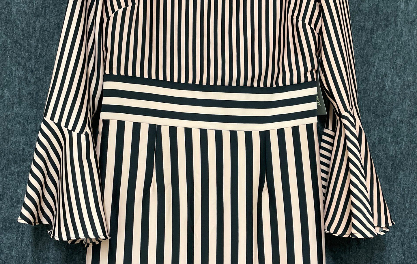 Eva Mendes Women's Pink Black Striped Bell Sleeve V-Back Sheath Dress NWT Size 2