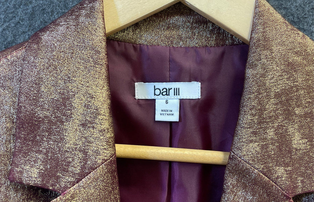 Bar III Women's Blazer Metallic Gold Burgundy Distressed Crest Button Sz 6