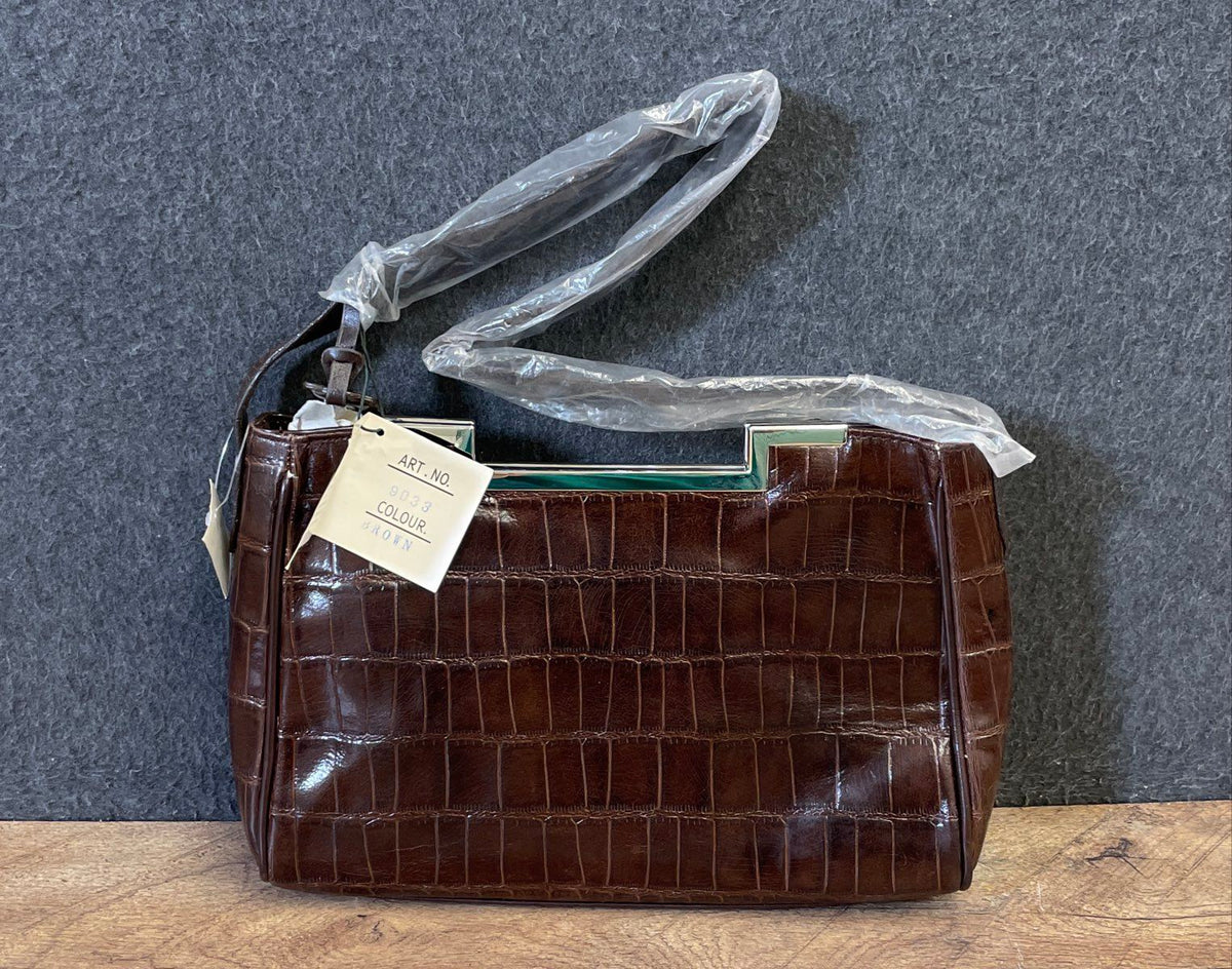 M.C. Brown Croc Embossed Genuine Leather Frame Shoulder Bag NWT 9033